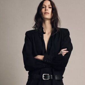 Zara Woman Collection black denim shoulder pad top long sleeves,size XL